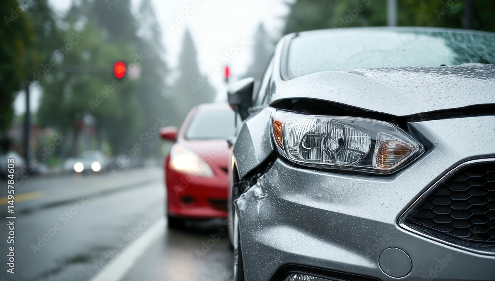 A silver car with significant front-end damage after an accident, red car behind on a rainy day. Scene of car crash. A silver car with significant front-end damage after an accident, red car behind on a rainy day. Scene of car crash.