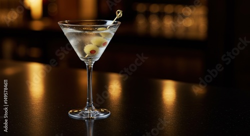 Classic Martini Cocktail with Olives on Bar Top - Photo
