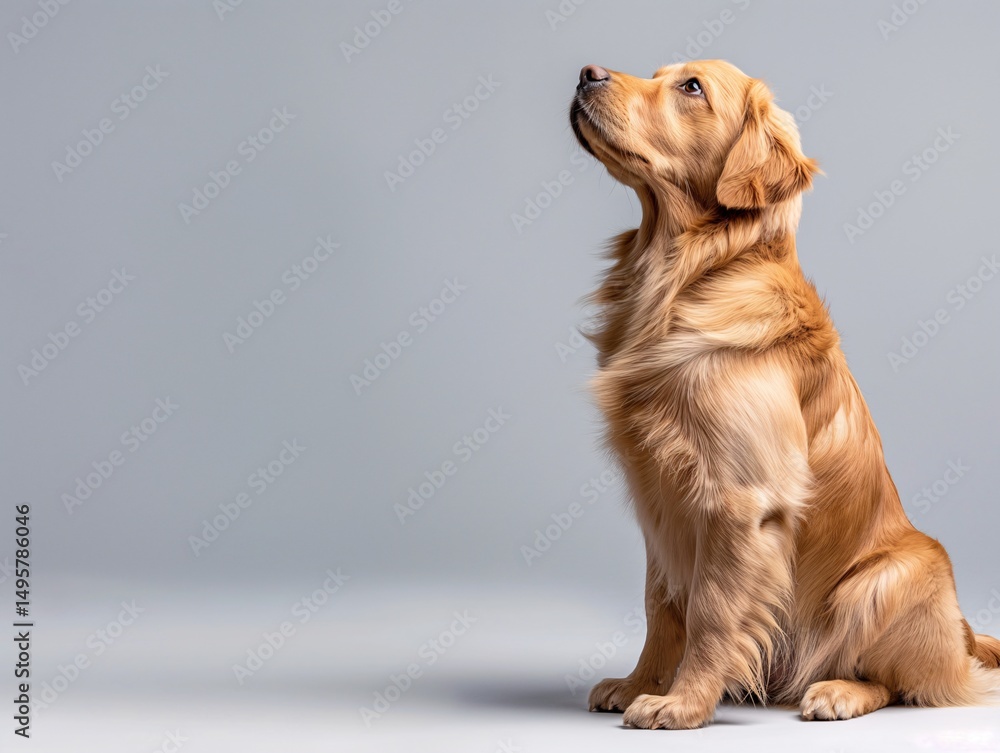Fototapeta premium Golden retriever gazing upwards on a gray backdrop, attentive posture.