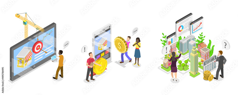 3D Isometric Flat Illustration of Real Estate Search and Assistance, Investment in Property 3D Isometric Flat Illustration of Real Estate Search and Assistance, Investment in Property