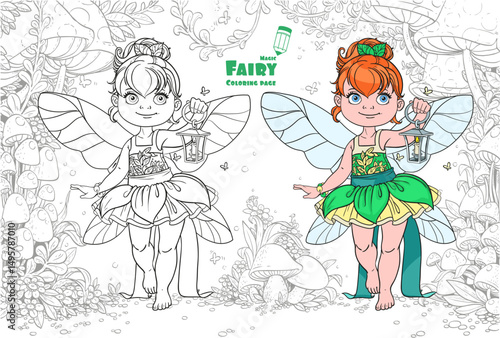 Beautiful little fairy with a flashlight color and outlined picture for coloring book
