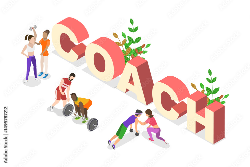 Fototapeta premium 3D Isometric Flat Illustration of Fitness Coach, Personal Trainer Workout