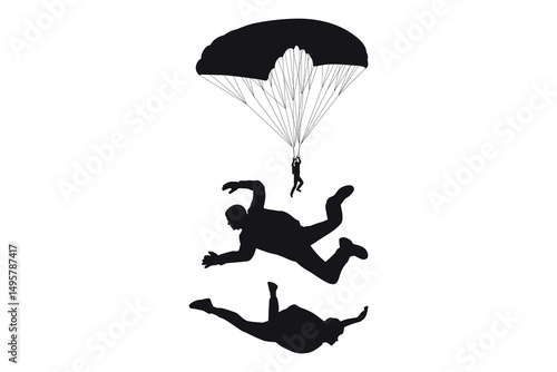 Vector art of Skydivers in silhouette isolated on white background performing extreme sports activity