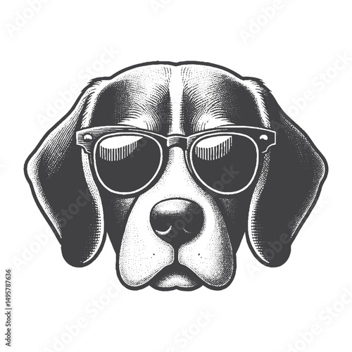 Vintage Hand-Drawn Beagle Head Portrait Wearing Sunglasses Illustration – Cool Dog Engraved Style Vector for T-Shirts, Posters, Stickers, and Pet Lover Apparel