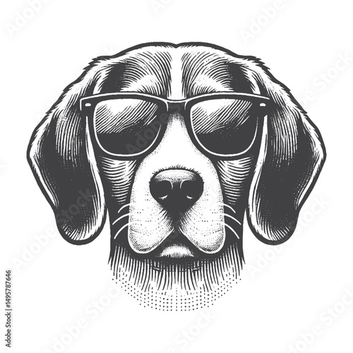 Vintage Hand-Drawn Beagle Head Portrait Wearing Sunglasses Illustration – Cool Dog Engraved Style Vector for T-Shirts, Posters, Stickers, and Pet Lover Apparel