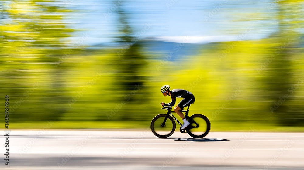 Fototapeta premium Triathlete racing through hilly terrain mountain road action shot outdoor environment dynamic viewpoint