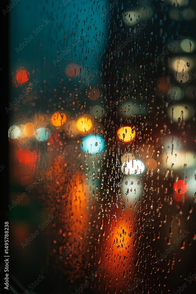 Fototapeta premium Raindrops on glass with city lights bokeh in the background.