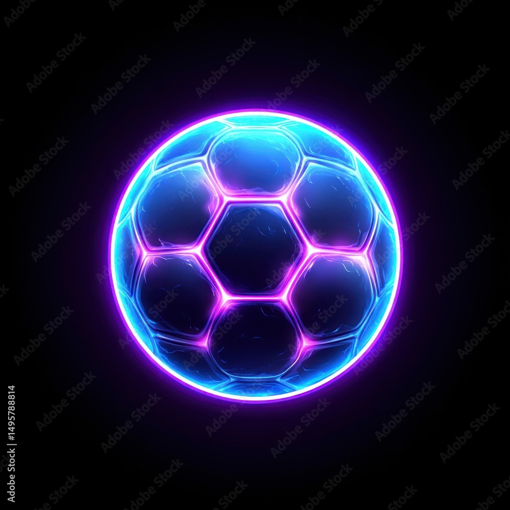 Fototapeta premium A vibrant, glowing soccer ball illuminates against a stark black background, showcasing a futuristic design with neon edges.