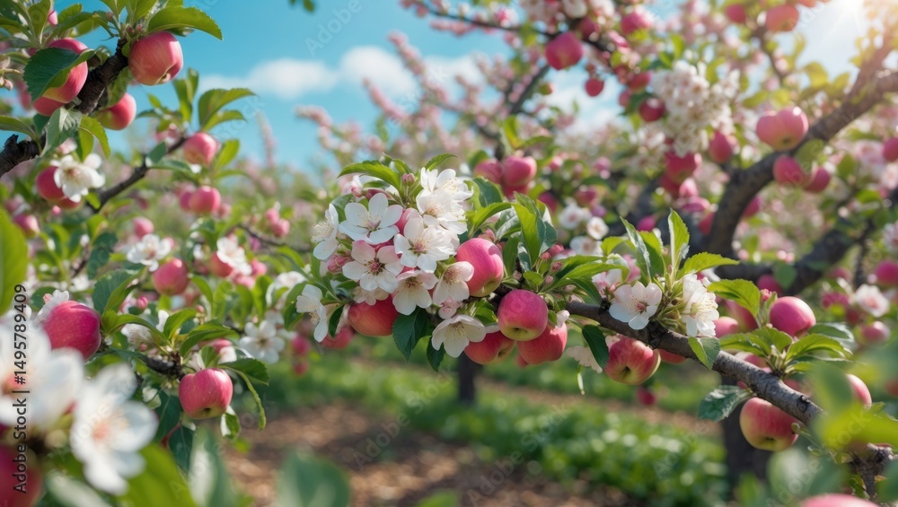 Obraz premium Sunny day in a fruit orchard with flowering apple trees in spring. Charming rural landscape.