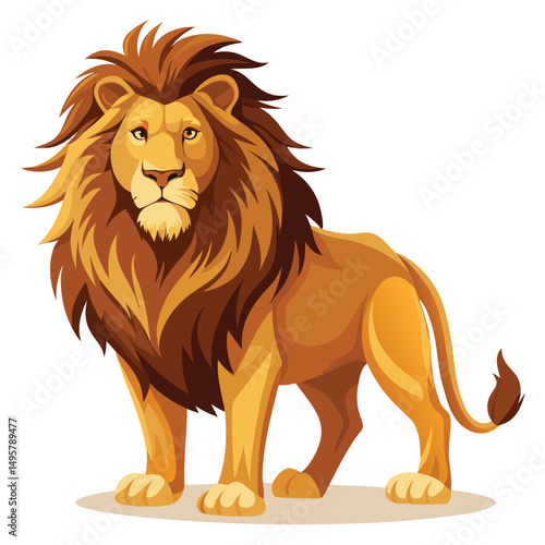 A powerful lion with a magnificent mane stands alert  with white background.