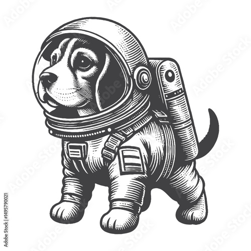 Vintage Hand-Drawn Beagle Illustration – Astronaut Suit Dog Engraved Style Vector for T-Shirts, Posters, Stickers, and Space-Themed Apparel