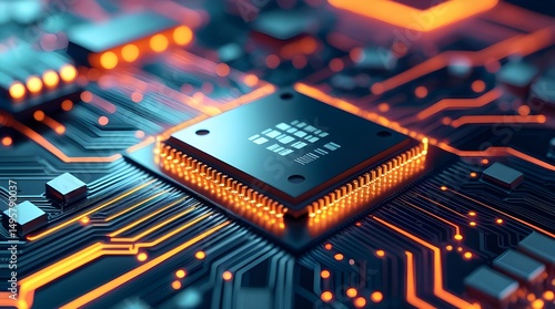 Close-up of microchip with glowing circuits