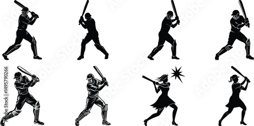 Cricket match silhouette set, Cricket Batsman Silhouettes with white background

