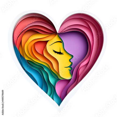 Colorful Heart with Woman’s Silhouette in Paper Art Style, Layered Paper Cut Heart Design with Female Face, Abstract Rainbow Heart Featuring Woman’s Profile, girls profile picture, 