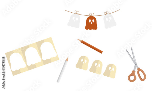 DIY Halloween Ghost Garland Crafting Supplies Illustration. handmade Halloween craft materials. Sustainable halloween concept. Eco-friendly holidays decorations. Flat style. Vector illustration