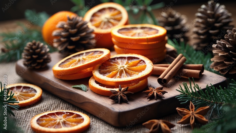Fototapeta premium Blend of dry oranges, cinnamon sticks, and star anise.