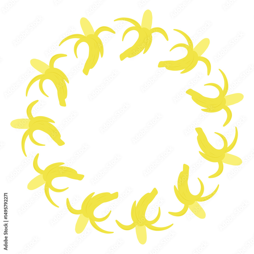 Fototapeta premium Bananas circle frame, Peeled bananas Wreath, Fruit Round Wreath Frame, Illustration Isolated