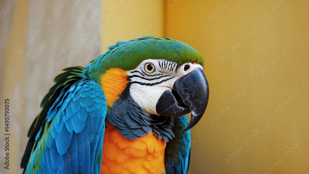 Fototapeta premium Large macaw parrot up close next to a wall