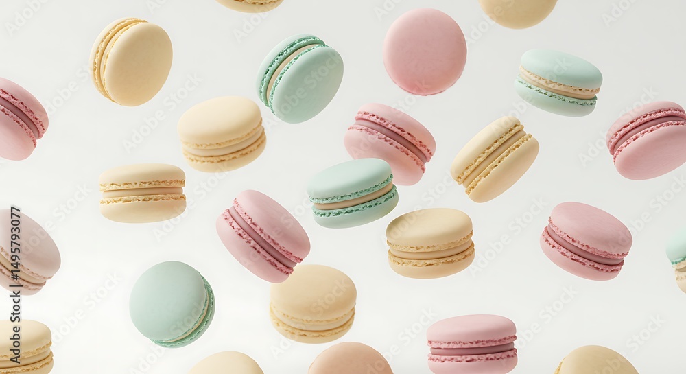 Colorful macarons in mid-air against a plain background. Colorful macarons in mid-air against a plain background.