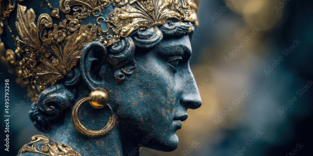Obraz premium Ancient Arabic Portrait Statue in Profile with Ornate Crown and Gold Decorations