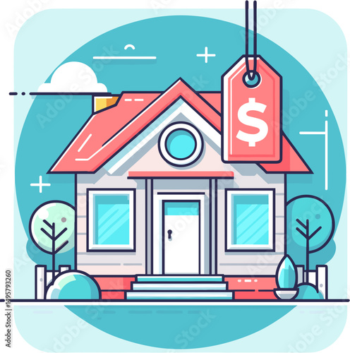 Illustration of a house with a price tag in a modern style  