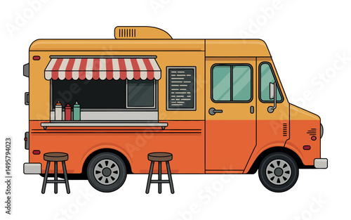 Retro Orange Food Truck with Striped Awning and Stools Illustration