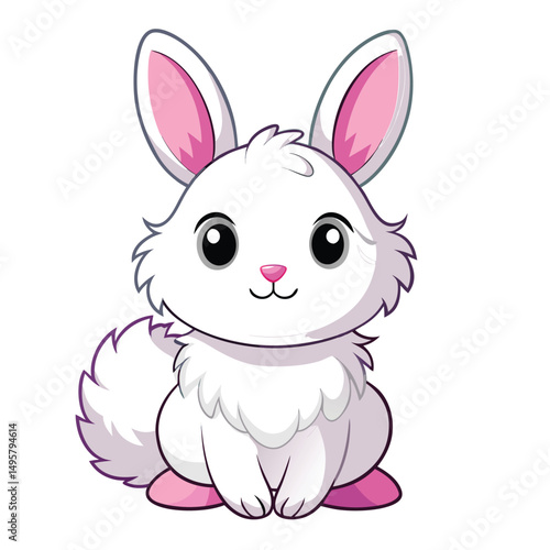 A small, fluffy white rabbit with pink ears sits and appears to be grooming its paws with white background