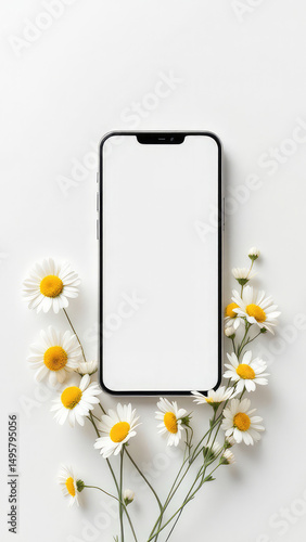 Phone mockup with daisies on white background for social media and app presentation design concept