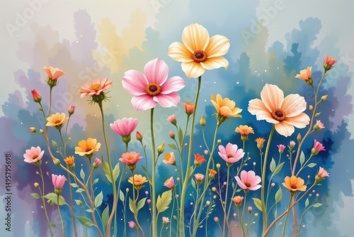 Fototapeta Naklejka Na Ścianę i Meble -  watercolor pastel painting of tall, airy flowers with gentle background washes