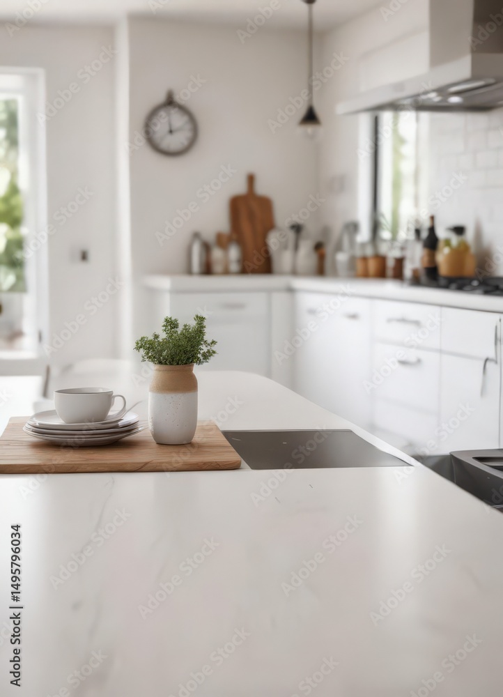 Clean white tabletop, softly blurred kitchen setting, texture, light, food photography Clean white tabletop, softly blurred kitchen setting, texture, light, food photography