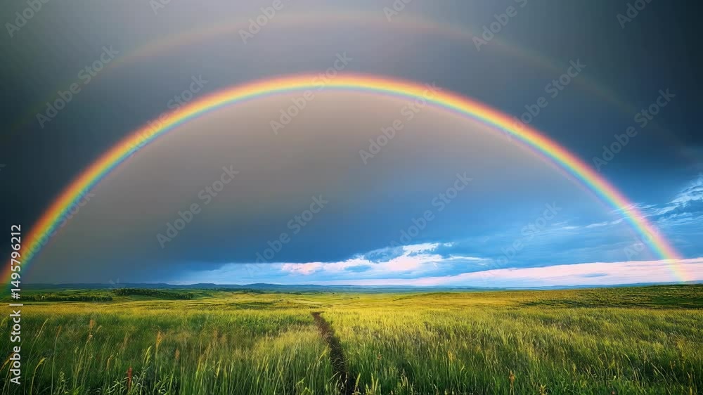 A stunning double rainbow arches over lush green fields, showcasing natures beauty after a refreshing rain A stunning double rainbow arches over lush green fields, showcasing natures beauty after a refreshing rain