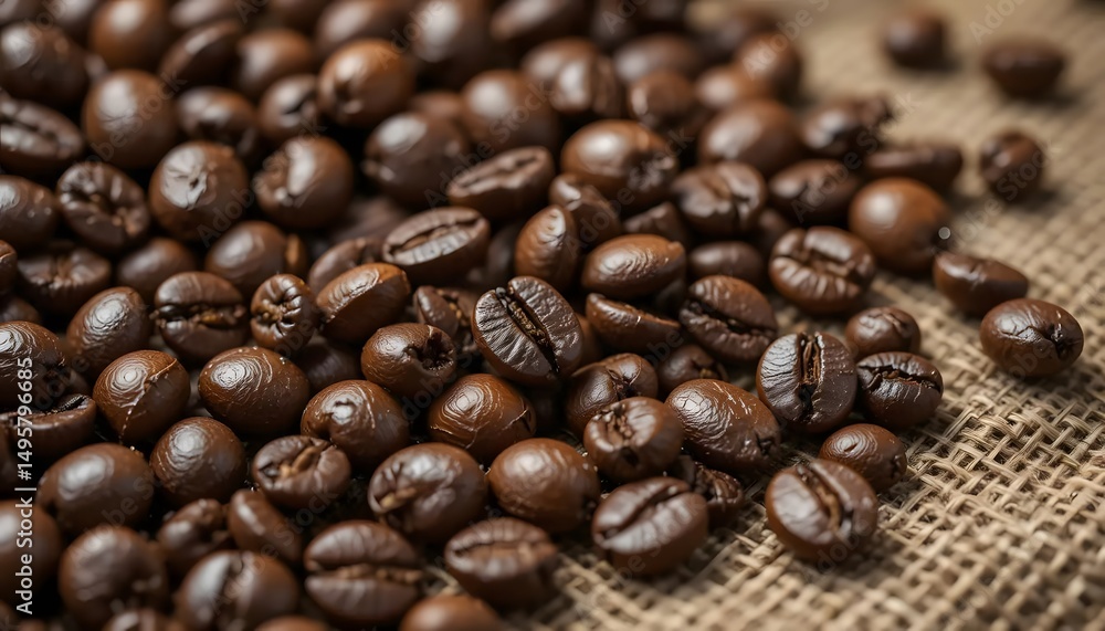 Macro shot of roasted coffee beans with visible texture and oils, scattered on burlap, natural warm lighting, ultra detailed, photorealistic Macro shot of roasted coffee beans with visible texture and oils, scattered on burlap, natural warm lighting, ultra detailed, photorealistic