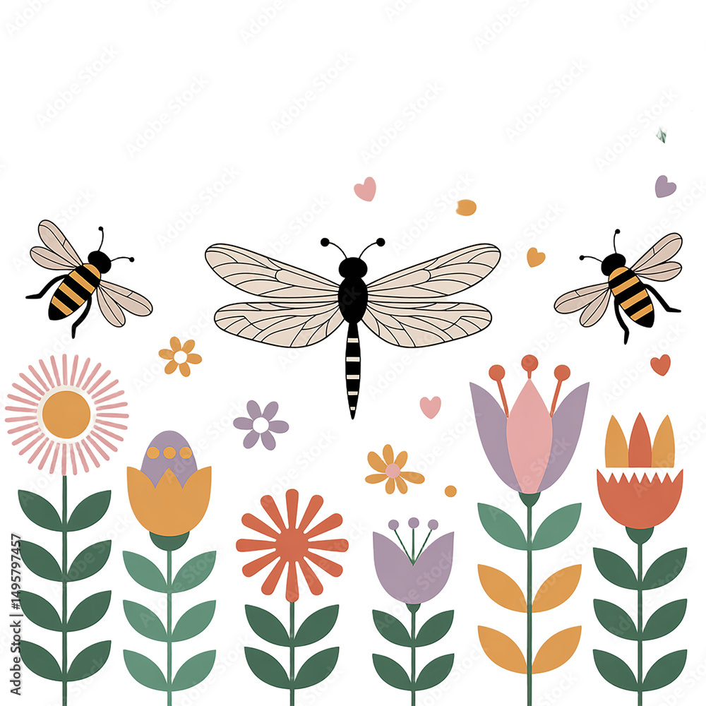 Fototapeta premium Delightful hand drawn illustration featuring bees dragonflies and colorful spring flowers