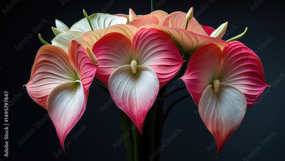 Obraz premium Anthurium Duet: A detailed photograph featuring a group of bright pink and peach flowers with bold, heart-shaped leaves, contrasted by a dark background.