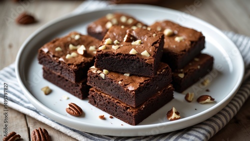 Wallpaper Mural Low angle view of homemade chocolate brownies on a white plate. Closeup. Torontodigital.ca