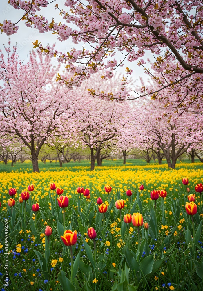 Spring blossom scene. Frame blooming trees or a field of flowers (e.g. cherry blossoms, tulips). A vertical shot could focus on a single flowering branch against sky, and a horizontal on a line of tre