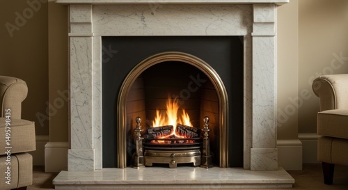 Cozy Fireplace Scene, Marble Surround and Brass Accents, Interior Photo