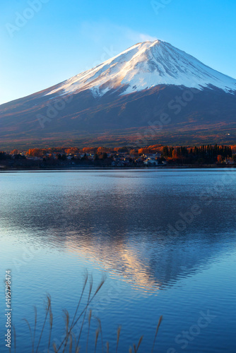Mt Fuji the early morning on the lake kawaguchiko. in autumn color