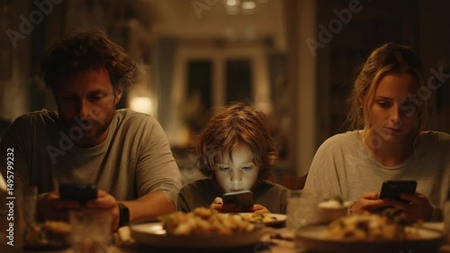 Family sitting together at the dining table using smartphones in the evening  