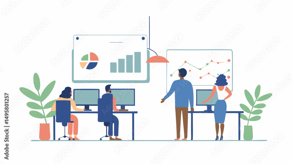 Office scene with people working at desks and discussing charts on whiteboards in a bright setting Office scene with people working at desks and discussing charts on whiteboards in a bright setting