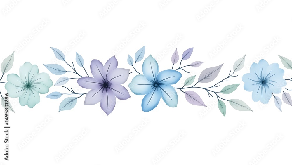 Fototapeta premium Seamless horizontal floral border pattern with transparent watercolor style
