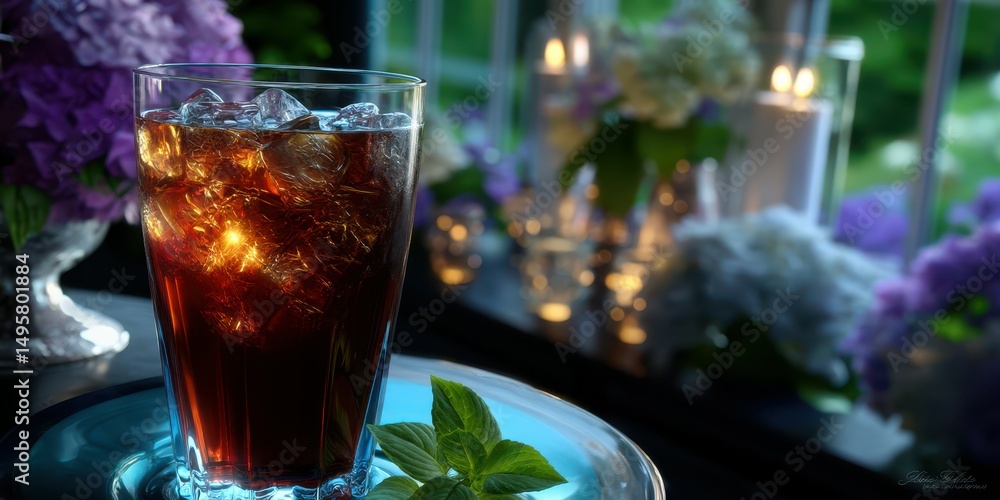 Refreshing cold drink served in a glass with ice near blooming flowers and candles in a serene evening setting Refreshing cold drink served in a glass with ice near blooming flowers and candles in a serene evening setting