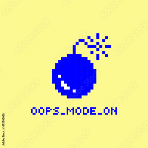 Y2k Pixel Bomb Sticker Oops Mode On. Retro Glitched Emoticon for Digital Art, Gaming Posters, Y2K UI Elements, Social Media Graphics, and Vaporwave Pixel Design Assets. Futuristic Brutalism style 