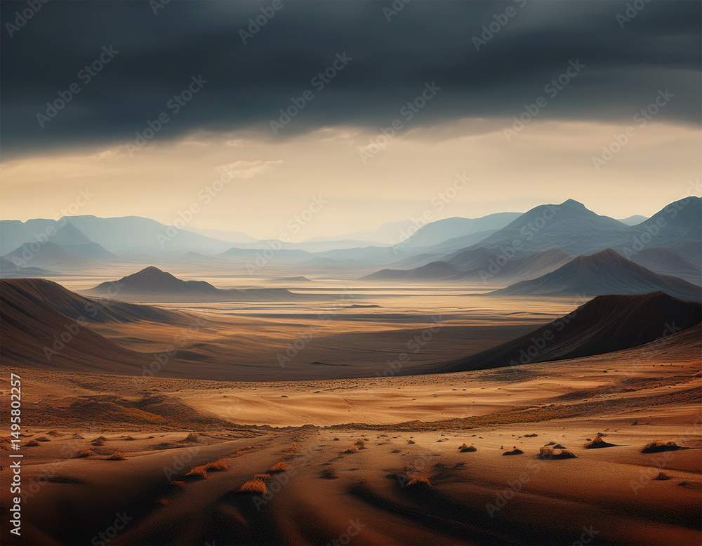 Naklejka premium overcast plain with scattered few distant hills in the horizon emptiness desolate terrain overcast