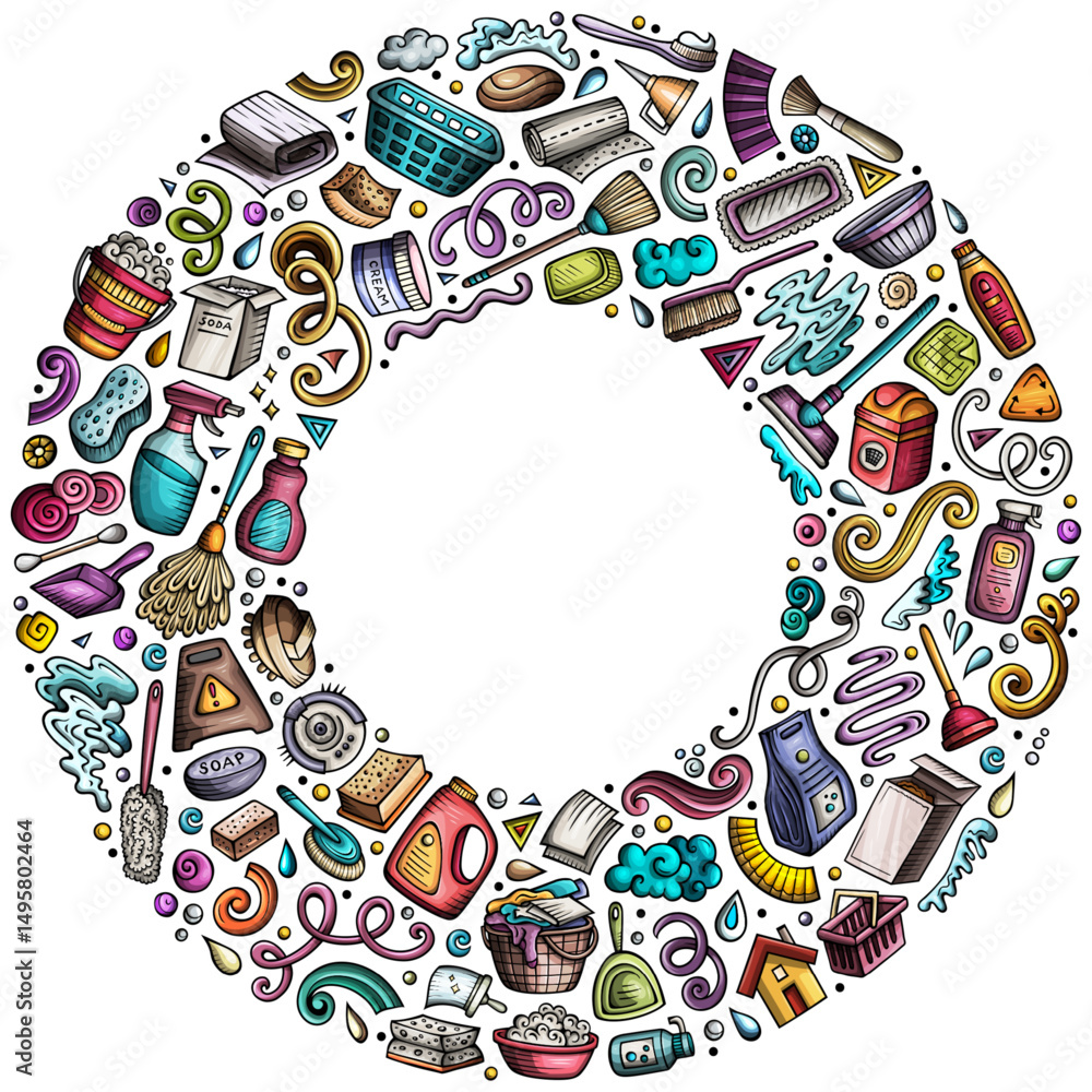 Fototapeta premium Set of Cleaning cartoon doodle objects. Round frame composition