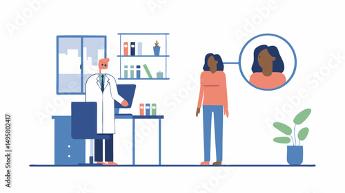 Doctor standing near desk with computer and patient standing in room with oval portrait hanging on wall