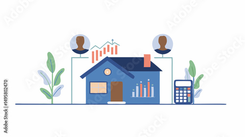 Illustration showing a house with rising graph, avatars and calculator indicating real estate investment