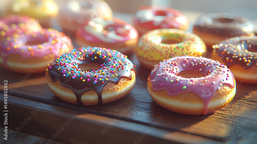 Assorted glazed donuts with sprinkles on wooden board Assorted glazed donuts with sprinkles on wooden board