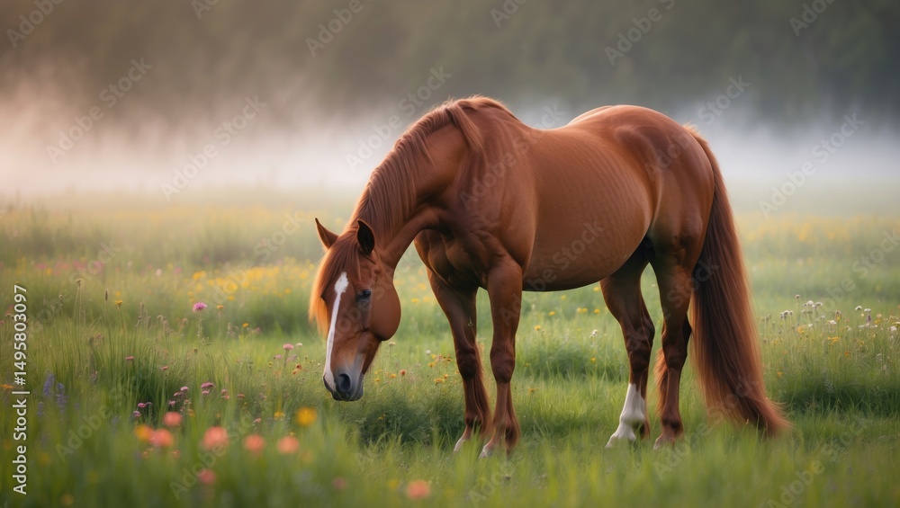 Obraz premium Horse species feeding untethered in the field