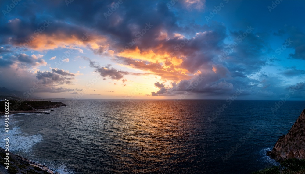 Fototapeta premium panoramic dramatic sunset sky and tropical sea at dusk